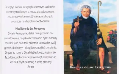 Święty Peregryn, patron chorych, z laską pielgrzyma i krzyżem, symbol cierpliwości i nadziei.