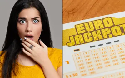 Zaskoczona kobieta obok kuponu Eurojackpot.