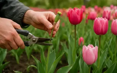 Ręce przycinają sekatorami łodygę z nasionami tulipanów po przekwitnięciu. W tle kwitnące, różowe tulipany.