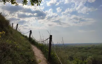 Ścieżka na zboczu, część trasy Góry Pieprzowe. Widok na dolinę i las.