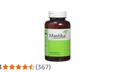 Butelka suplementu diety Mastika, 250mg 120 kapsułek. Mastika na co? Na problemy z żołądkiem.