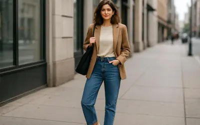 Kobieta w beżowym płaszczu i jeansach, prezentująca casual style. Torba na ramieniu i sneakersy dopełniają stylizację.