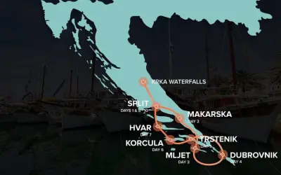 Route einer Kroatien Rundreise 10 Tage: Split, Krka Wasserfälle, Makarska, Trstenik, Mljet, Dubrovnik, Korcula, Hvar.