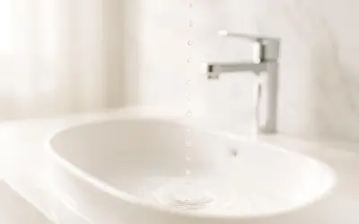 Gocce d'acqua cadono in un lavandino bianco, creando cerchi concentrici. Il rubinetto cromato è sfocato sullo sfondo. La doccia calda abbassa la pressione.