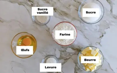 Ingrédients pour une délicieuse pâte sablée : farine, sucre, beurre, œufs, levure et sucre vanillé.