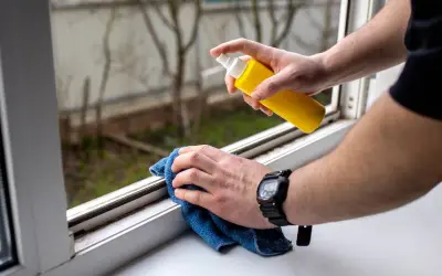Persona rocía un limpiador en un marco de ventana sucio y usa un paño azul para limpiar moho y suciedad.