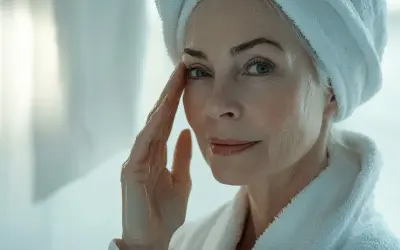 Donna con asciugamano in testa e accappatoio, si tocca il viso. Scopri come struccarsi senza struccante per una pelle radiosa.