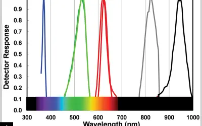 Graph showing detector response vs. wavelength, illustrating the led light color meaning for blue, green, red, and infrared LEDs.