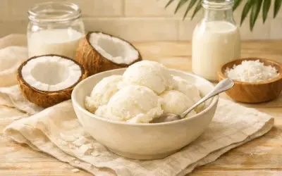 Pyszne, kremowe domowe lody kokosowe w misce, obok świeżych kokosów i mleka. Idealne na upalne dni.