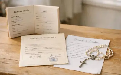 Livret de famille, certificat de naissance et demande de baptême avec chapelet sur fond de bois.