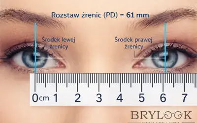 Pomiar rozstawu źrenic (PD) 61 mm, kluczowy do tego, jak wyregulować okulary, aby idealnie pasowały.