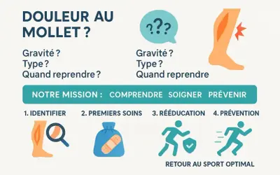 Schéma sur la douleur au mollet : identifier, premiers soins, rééducation, prévention. Notre mission : comprendre, soigner, prévenir.