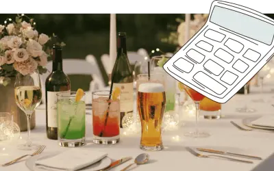 Hochzeitstisch mit Getränken und einer Rechner-Grafik. Hilft bei der Planung: wie viel wein pro person hochzeit.