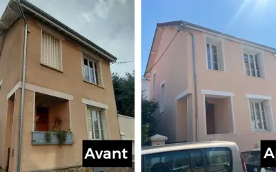 Maison avant après : façade rénovée, plus lumineuse et moderne. Les volets ont été changés, la peinture rafraîchie.