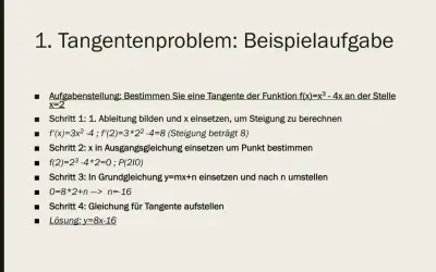 Aufgabenstellung: Bestimmen Sie eine Tangente der Funktion f(x)=x³-4x an der Stelle x=2. Die Lösung zeigt, was ist eine Tangente und wie man sie berechnet.