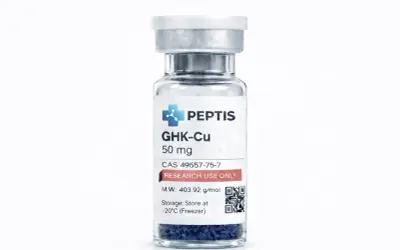 Szklana fiolka z granulkami peptydów miedziowych GHK-Cu, 50 mg. Przeznaczona do badań.
