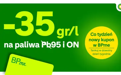 BP promocja: -35 gr/l na paliwa Pb95 i ON. Co tydzień nowy kupon w BPme. Tankuj w dowolny dzień tygodnia.