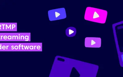 Best RTMP live streaming encoder software, with playful play buttons scattered across a dark purple background.