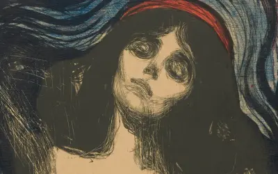 Intensywny portret kobiety z krwawą opaską na głowie, w stylu Edvard Munch Madonna.