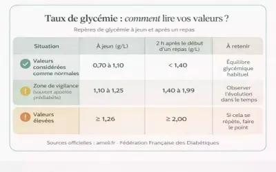 Tableau expliquant comment interpréter les valeurs de **sucre dans le sang** : normales, zone de vigilance (prédiabète) et élevées, à jeun et après repas.