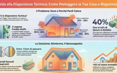 Illustrazione che mostra la dispersione termica in una casa, con soluzioni per migliorare l'isolamento e il valore immobiliare.
