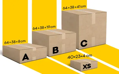 Poczta Polska wymiary paczek: A (64x38x8cm), B (64x38x19cm), C (64x38x41cm) i XS (40x23x4cm).