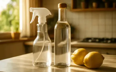 Spray bottle e bottiglia di vetro con aceto bianco e limoni, ingredienti naturali per la pulizia della casa.