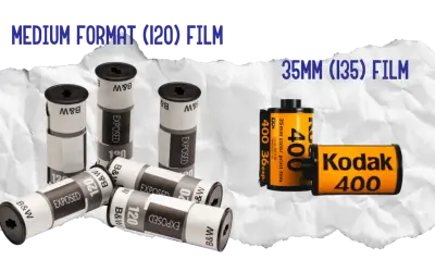 A roll of Kodak 400 35mm film sits next to several exposed medium format 120 film rolls, showing what 35mm film looks like.