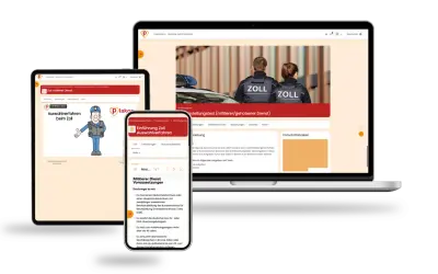 Drei Bildschirme zeigen eine Website über den Zoll-Einstellungstest mit Zollbeamten und einer Illustration.
