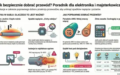 Ilustracja przedstawia schematy i wykresy dotyczące doboru przewodów elektrycznych, w tym prawo Joule'a, spadek napięcia i porównanie systemów AWG.