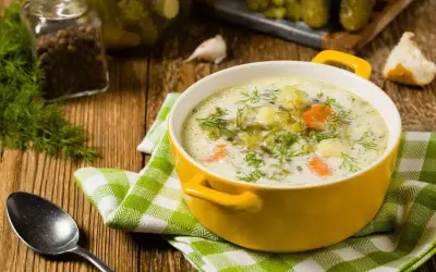 Zupa ogórkowa z koperkiem i ziemniakami. W tle słoik z pieprzem, czosnek i ogórki kiszone – idealne jakie przyprawy do zupy ogórkowej.