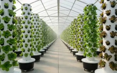 File di torri verticali con lattuga in una serra, un esempio di advanced hydroponics.