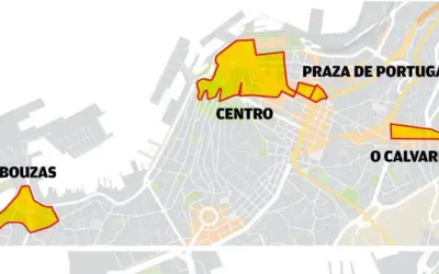 Mapa de Vigo con zonas resaltadas: Bouzas, Centro, Praza de Portugal y O Calvario. Ideal para planificar ir a Vigo en coche.