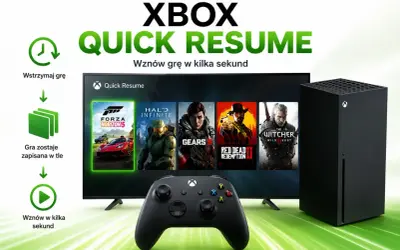 Konsola Xbox Series X, kontroler i ekran z grami Forza Horizon 5, Halo Infinite, Gears 5, Red Dead Redemption 2, The Witcher 3.