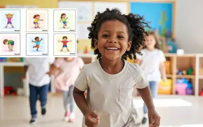Fröhliche Kinder in einem Klassenzimmer, umgeben von Illustrationen für **Bewegungsspiele Grundschule**.