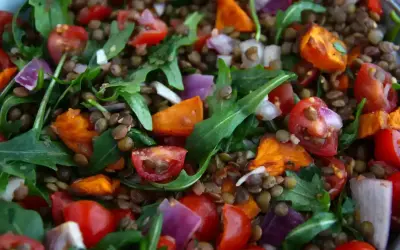 Salade colorée de lentilles vertes, tomates cerises, oignons rouges et roquette. Un plat sain et savoureux.