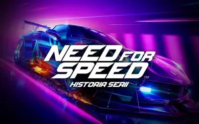 Wyścigowy samochód w neonowych barwach, z napisem "Need for Speed Historia Serii". Poczuj dreszcz emocji wszystkich części Need for Speed!