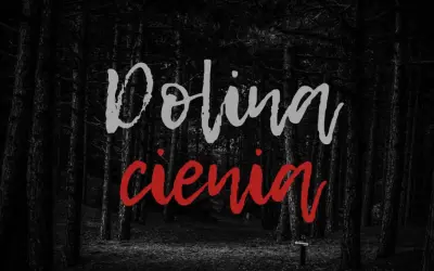 Mroczny las, gdzie nawet w **psalm 23:4** nie ma cienia zła. Napis "Dolina cienia" wzywa do odwagi.