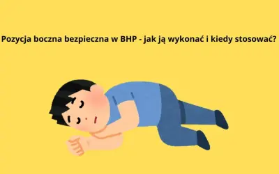 Chłopiec w pozycji bocznej bezpiecznej na żółtym tle. Ilustracja pokazuje, jak prawidłowo ułożyć się w tej pozycji.