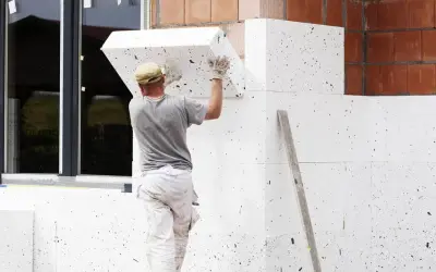 Pracownik montuje styropian na ścianie domu. Zastanawiasz się, ile kosztuje ocieplenie domu 200m2?