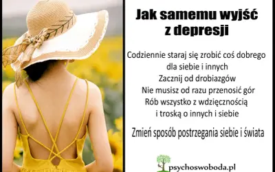 Kobieta w słomkowym kapeluszu na tle słoneczników. Tekst podpowiada, jak samemu wyjść z depresji: zacznij od drobiazgów, rób wszystko z wdzięcznością.