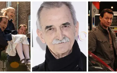 Trzy sceny z filmów Marka Koterskiego: radośni ludzie na ulicy, zbliżenie na twarz aktora i mężczyzna przy dystrybutorze paliwa.