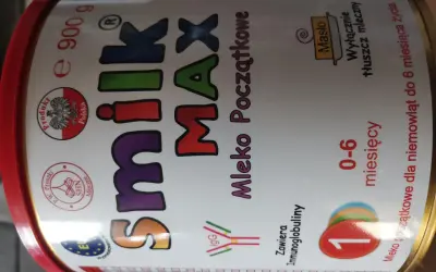 Mleko początkowe Smilk Max 1, wycofane z rynku, zawiera immunoglobuliny. Opakowanie 900g, dla niemowląt 0-6 miesięcy.