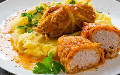 Gołąbki w sosie pomidorowym z puree ziemniaczanym. Idealny sposób, jak ugotować ryż do gołąbków, by były pyszne.