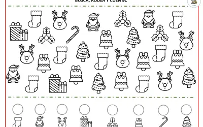 Fichas de Navidad para imprimir: busca, rodea y cuenta renos, Papá Noel, calcetines, campanas, árboles, regalos y bastones de caramelo.