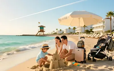 Rodzina buduje zamek z piasku na plaży. Idealne miejsce, gdzie na wakacje z dziećmi, z widokiem na morze i hotele.