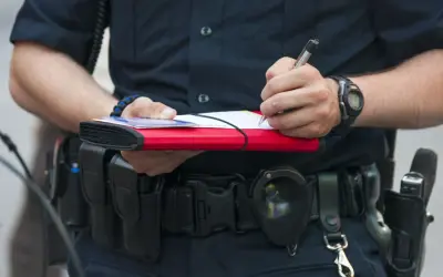 Policjant spisuje mandat. Dowiedz się, jak zapłacić mandat przelewem, by uniknąć dodatkowych kosztów.