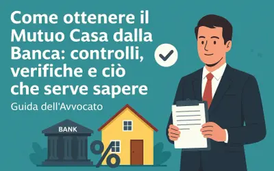 Uomo in giacca e cravatta con appunti, banca, casa e simbolo percentuale: guida alla fattibilità mutuo.