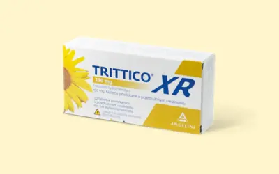 Opakowanie leku Trittico XR 150 mg, stosowanego na depresję i zaburzenia snu.