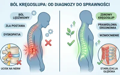 Ilustracja porównująca ból kręgosłupa (zła postawa, ucisk na nerw) ze zdrowym kręgosłupem (ergonomia, wzmocnienie).